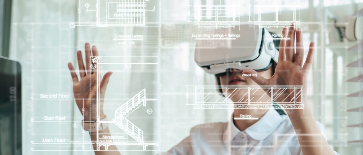 Asian woman Architect or Engineer wearing VR headset for hologram blueprint detail working with BIM technology. Concept futuristic construction design. Selective focus.